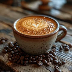 Foto op Aluminium Koffiebar gros plan d'une tasse de café avec à l'intérieur un coeur en mousse et posée sur une table en bois et des grains de café