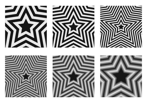 Set of concentric stars backgrounds. Trendy y2k patterns in black and white colors. Groovy psychedelic wallpaper designs. Aesthetic posters with hypnotic effects. Vector graphic illustration