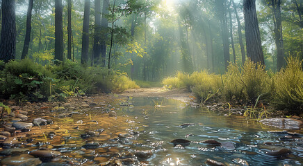 The sunny forest after the rain. Generative AI.