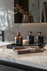 Fototapeta na wymiar Cosmetics bottlesle countertop in modern bathroom, closeup