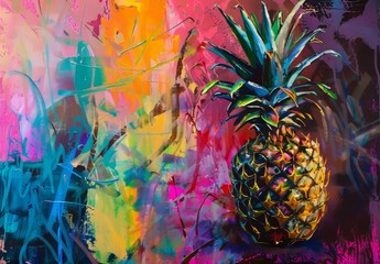 pineapple, scales of different colors, bright and colorful background, decorative painting, painting for modern interier