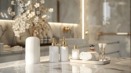 Cosmetics bottlesle countertop in modern bathroom, closeup
