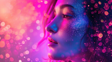 High Fashion model lips and face woman in colorful bright neon uv blue and purple lights, posing in studio - 768642054