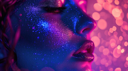 High Fashion model lips and face woman in colorful bright neon uv blue and purple lights, posing in studio - 768642077