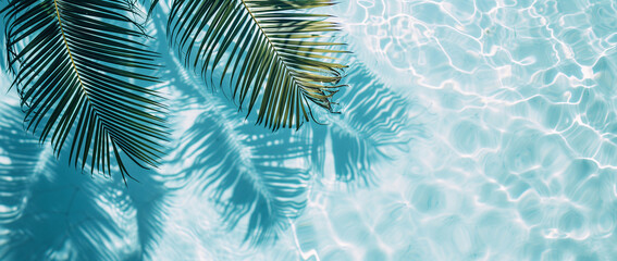 Fototapeta na wymiar leaves of a palm tree against the surface of water, in the style of light cyan and white. Top view,