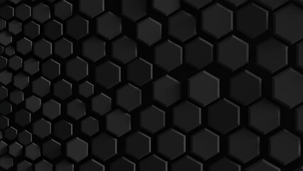 Abstract black hexagon background with different size blocks; honeycomb pattern texture, 3d rendering, 3d illustration