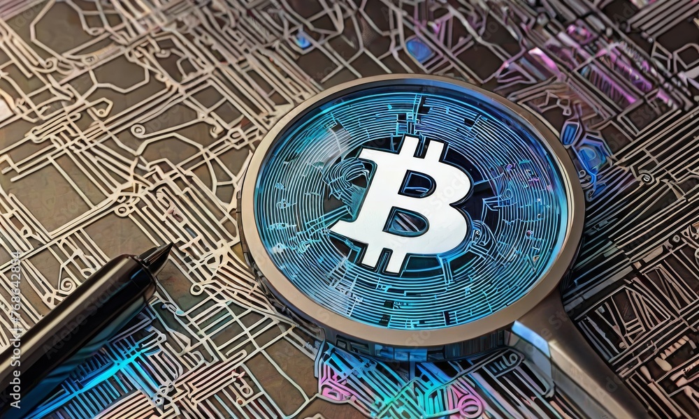 Poster a close-up view of a magnifying glass focusing on a vibrant bitcoin symbol, set against a backdrop o