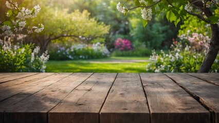 Beautiful spring background with green juicy young foliage and empty wooden table in nature outdoor