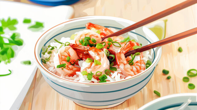 Plate with rice and shrimp sprinkled with green onions, vector style illustraA woman wearing virtual reality glasses is completely immersed in what is happeningtion