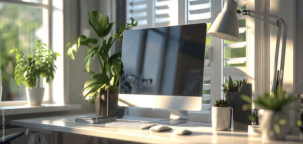 Poster white light, indoors, neat and clean desktop with computer and desk lamp, modern style. generative a