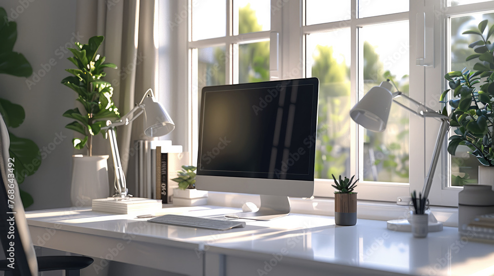 Poster white light, indoors, neat and clean desktop with computer and desk lamp, modern style. generative a