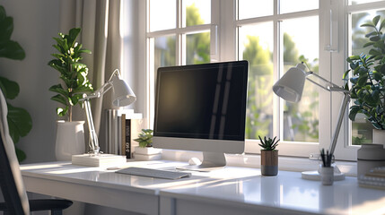 White light, indoors, neat and clean desktop with computer and desk lamp, modern style. Generative AI.