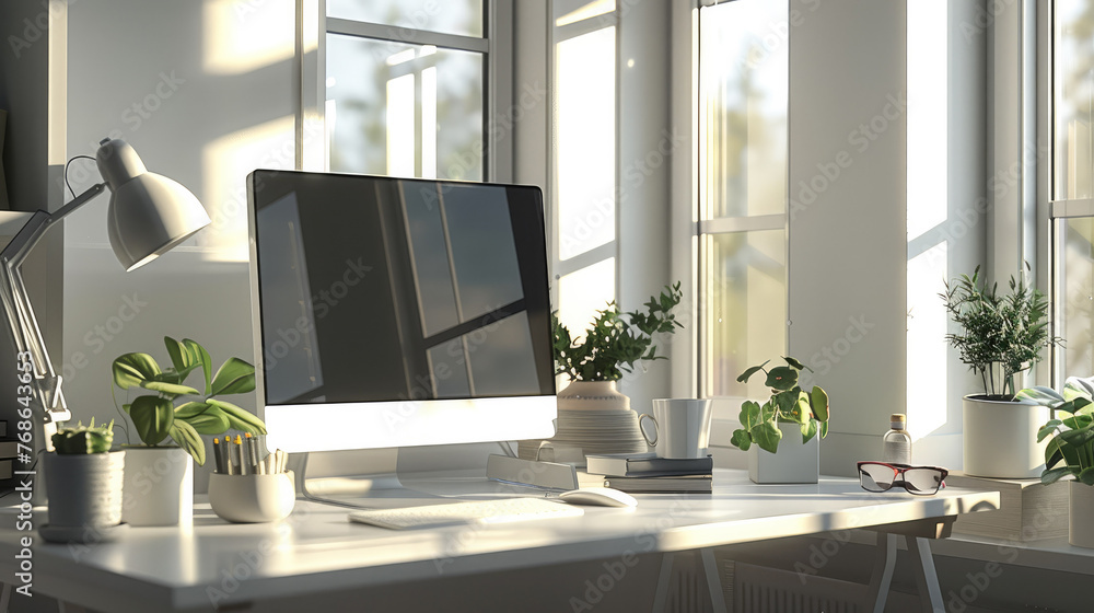 Poster white light, indoors, neat and clean desktop with computer and desk lamp, modern style. generative a
