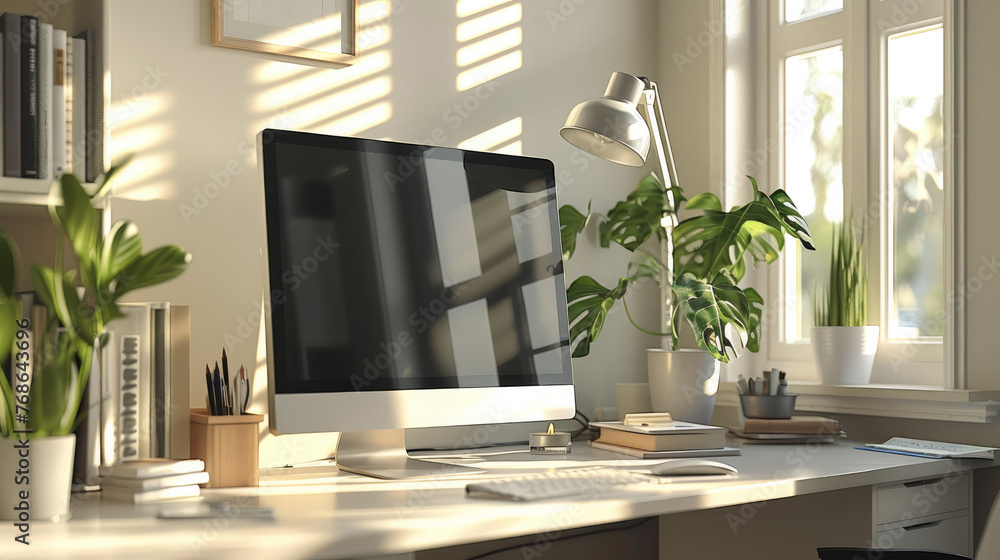 Poster white light, indoors, neat and clean desktop with computer and desk lamp, modern style. generative a