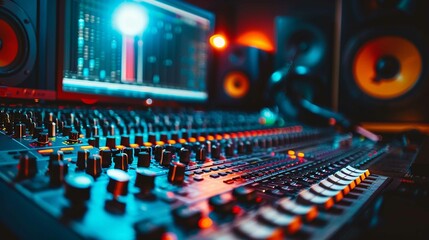 Professional Sound studio scene. Intricate audio equipment, Audio mixing console in a streaming