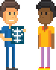 Naklejka premium Doctor and patient. 8-bit sprite. isolated vector illustration. Design for stickers, logo, embroidery, mobile app.