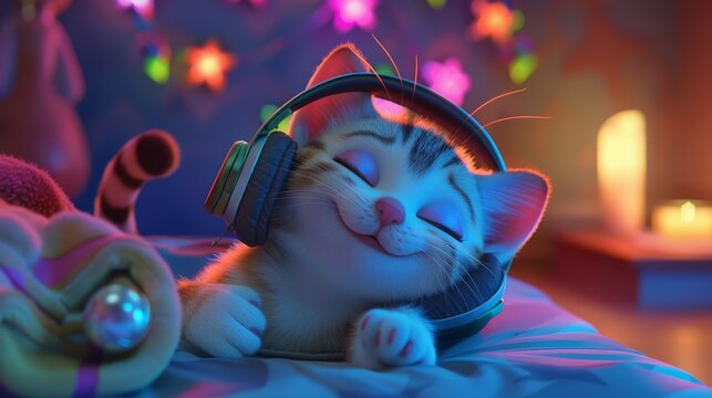 cartoon baby cat sleeping with head phones on, bright colourful twinkle little star