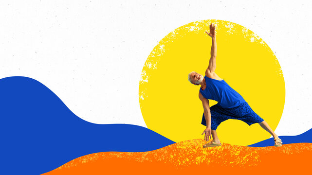 Senior man following healthy lifestyle, training outdoor, doing daily exercises over abstract colorful background. Creative conceptual collage. Concept of health, sport, nutrition, body care, wellness