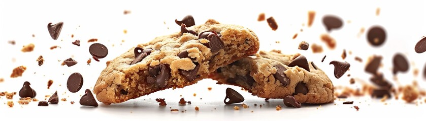 Realistic photograph of a chocolate chip cookie being broken in half solid stark white background
