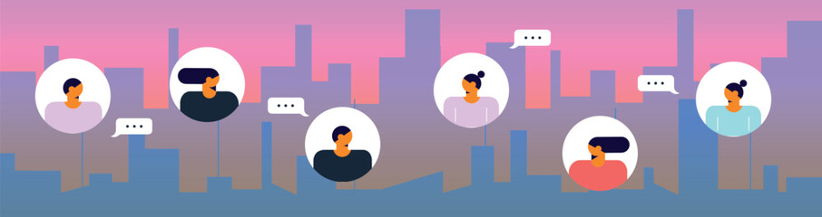 Concept of social networks, virtual relationships. New generation. Friends chatting and texting. Vector flat illustration.	