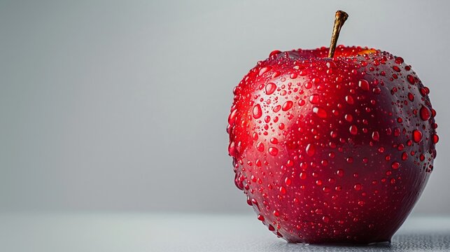 Realistic Photograph Of A Bright Red Apple With A Single Drop Of Water Sliding Off Solid Stark White Background