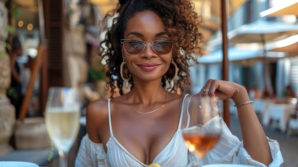 A Black woman sitting at a traditional outdoor cafe in a picturesque piazza. Generative AI.