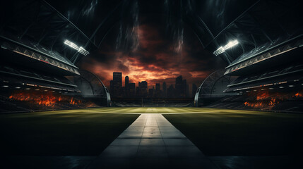 An imposing sports stadium stands empty, bathed in the eerie glow of a fiery sunset amidst dark, brooding clouds..