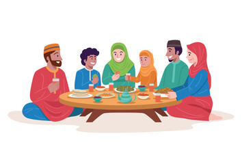 Families and friends celebrate Eid al-Fitr with dinners. - obrazy, fototapety, plakaty