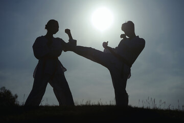 Taekwondo athletes sparring against sky