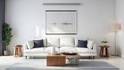 Envision a pristine white living room, where simplicity meets elegance - obrazy, fototapety, plakaty