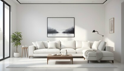 Envision a pristine white living room, where simplicity meets elegance - obrazy, fototapety, plakaty