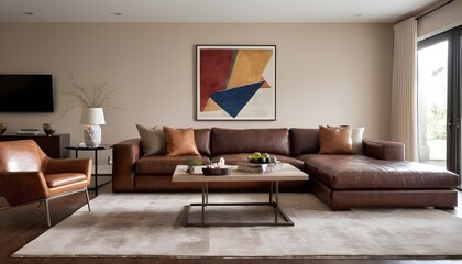 Sophisticated contemporary living room anchored by a rich brown leather sofa, exuding both elegance and comfort