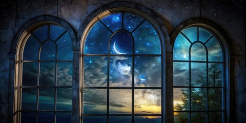 Gothic windows overlooking a cosmic scene - An ethereal view of space through three gothic arched windows, blending architecture with the universe