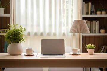 A laptop on a white surface, the soft lighting and muted colors contributing to a calm and organized atmosphere in a well-lit room.