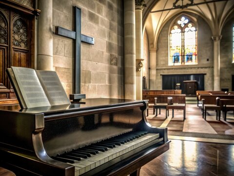 Elegant piano with music sheet in church - A sophisticated piano with a music sheet, set against the backdrop of a church hall with a cross