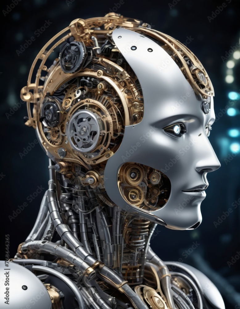 Poster a close-up of a highly detailed humanoid robot with a sophisticated mechanical brain, embodying futu