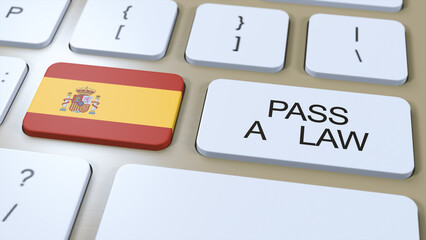 Spain Country National Flag and Pass a Law Text on Button 3D Illustration