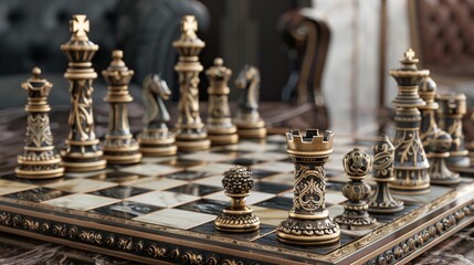Chess pieces, including a monarch, on a chessboard, symbolizing strategy and competition in the game of chess