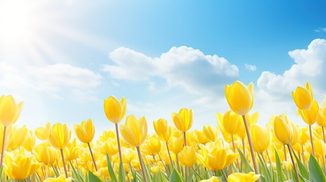 Field of yellow tulips in beautiful sky background with sun rays. Panoramic floral landscape with field of blooming yelow tulips in spring.