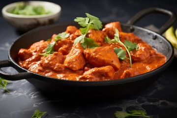 Delicious chicken tikka masala on a slate plate against a white marble background