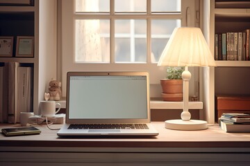 A laptop on a white surface, the soft lighting and muted colors contributing to a calm and organized atmosphere in a well-lit room.
