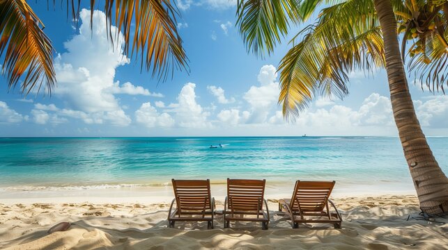 Stunning beach scene with lounge chairs overlooking the ocean. Escape to a summer paradise with this evocative image of a tropical destination.