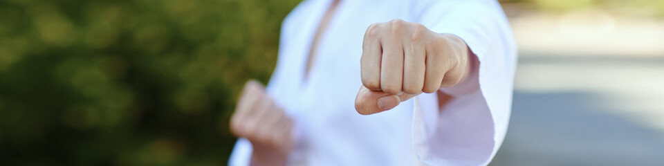 Header with taekwondo athlete doing jab punch - obrazy, fototapety, plakaty