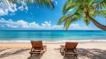 Stunning beach scene with lounge chairs overlooking the ocean. Escape to a summer paradise with this evocative image of a tropical destination.