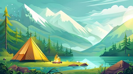 Summer landscape illustration for camping or hiking: sunny day with tent, campfire, mountains, forest, and water.