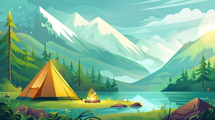 Fotobehang Summer landscape illustration for camping or hiking: sunny day with tent, campfire, mountains, forest, and water. © Suleyman
