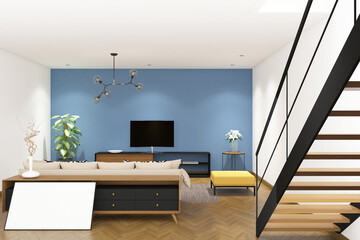 3d rendering of interior living room with frame mock up. Parquet floor and blue wall background. Set 3