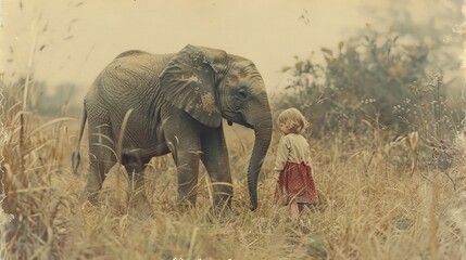 Vintage Style Image of Child with Elephant in Savannah Field

