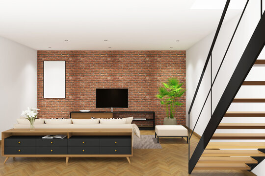 3d rendering of interior living room with frame mock up. Parquet floor and red brickwall background. Set 1