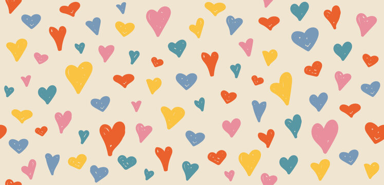 Hearts hand drawn Y2K naive seamless pattern. Vector colorful doodle funny hearts love background in 70s groovy style